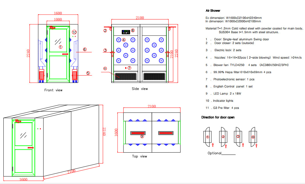 Powder Coated Steel/ Personal Air Shower Room with Width 1000mm Single-leaf Swing doors