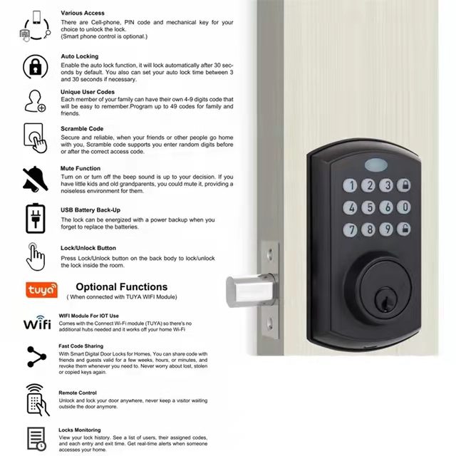 TUYA App Glass Door Smart Lock Aluminum Alloy Household Wooden Door Digital Lock