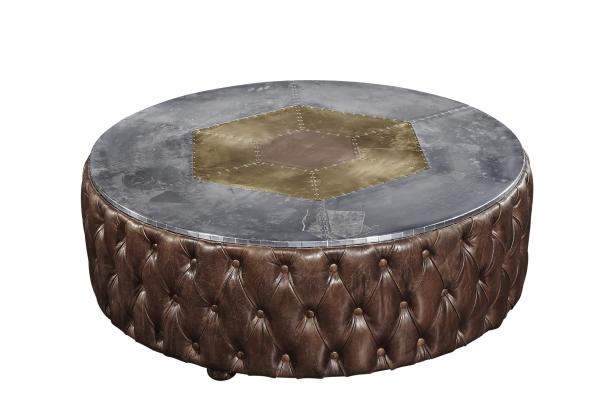 Round Shape Vintage Retro Side Coffee Table Top Genuine Leather Buttons