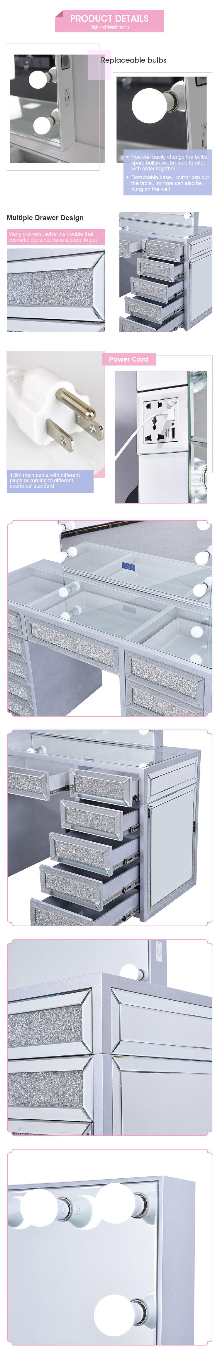 Led Mirrored Makeup Vanity Hollywood Dressing Table OEM