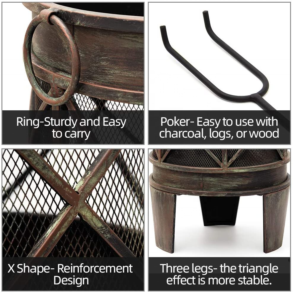 Cast Iron Outdoor Portable Charcoal Fire Pit Heavy Duty Metal Grate Bronze