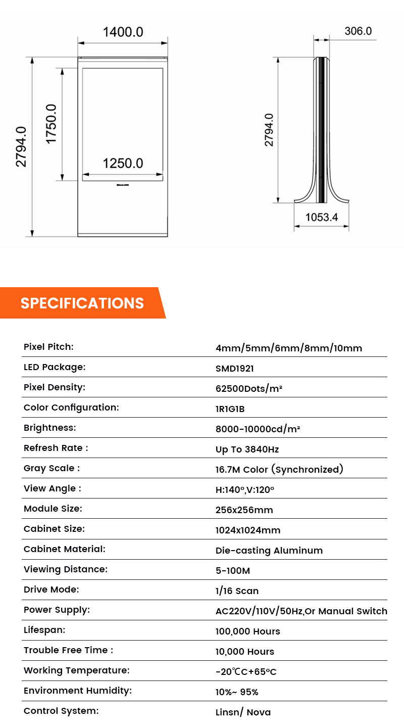 IP65 waterproof P4 P5 P6 P8 P10 8000nits 3840hz mupi outdoor display led digital signage