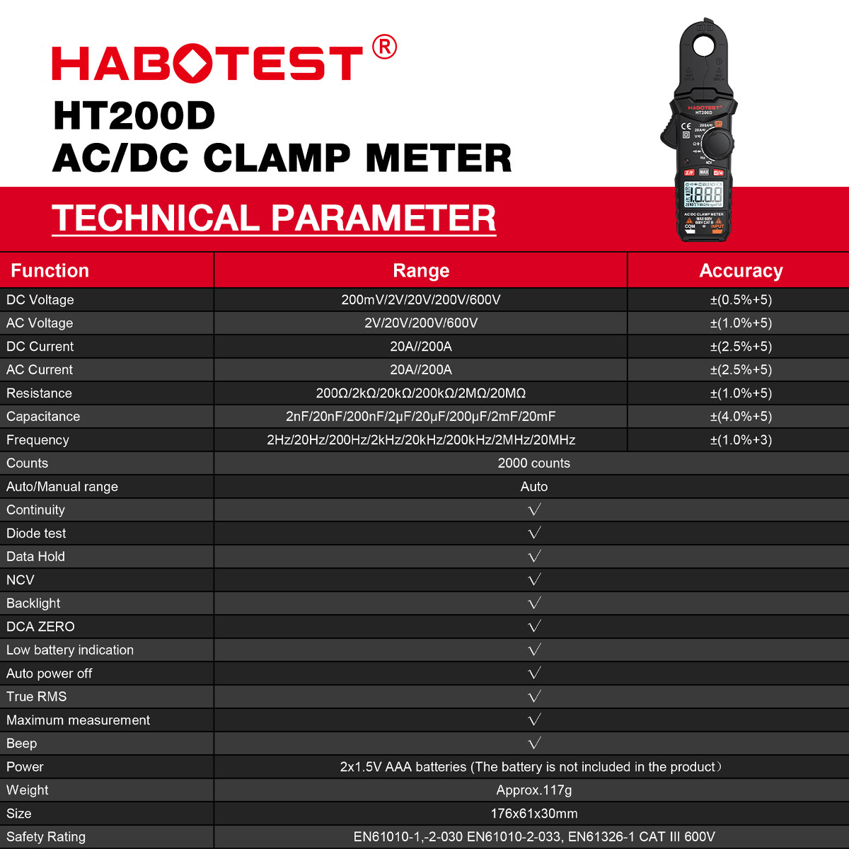 HT200D Clamp Meter DC/AC Current Voltage Digital Clamp Meter Measure Frequency Of Resistance Capacitance NCV Test