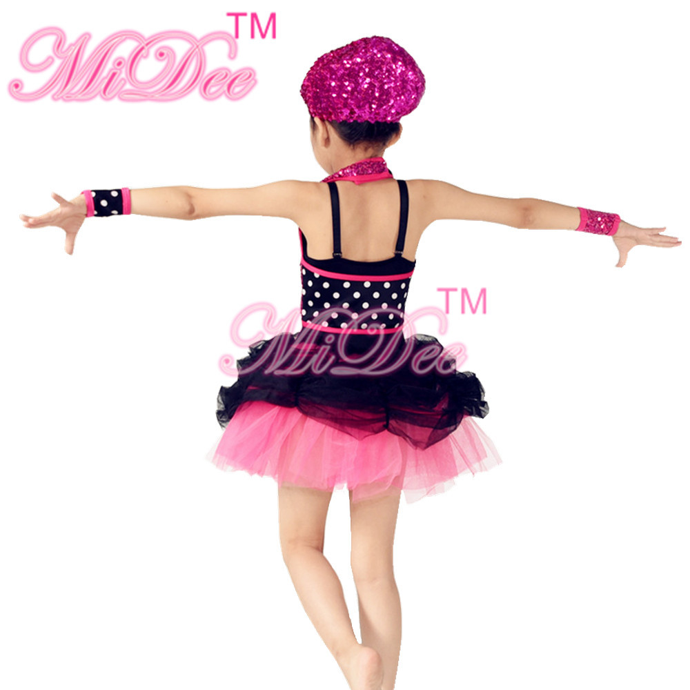 Black Polka Dots Hot Pink Sequin Glitter Dress Dance Costumes For Kids