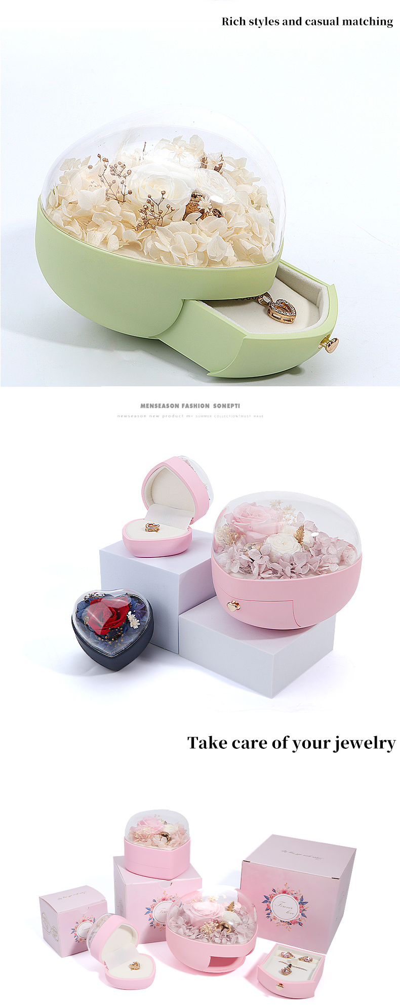 Custom Logo Heart Shaped Jewelry Drawer Box Rose Flower Box For Ring