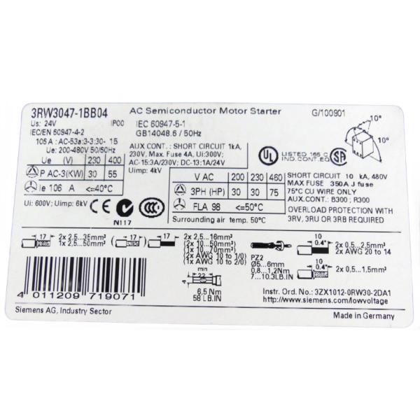 Buy cheap SIEMENS 3RW3047-1BB04 SIRIUS SOFT STARTER S3 106 A, 55 KW/400 V, 40 °C 200-480 V AC, 24 V AC/DC SCREW TERMINALS from wholesalers