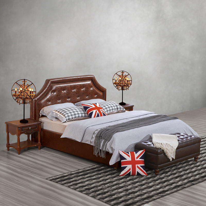 Glassic design of Leisure Bedroom Furniture Upholstered Headboard Bed by True Leather with High density Sponge covered