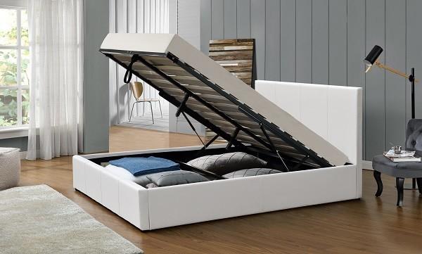 Easy Assemble Gas Lift Storage Bed White PU Leather Upholstered Plywood Bed