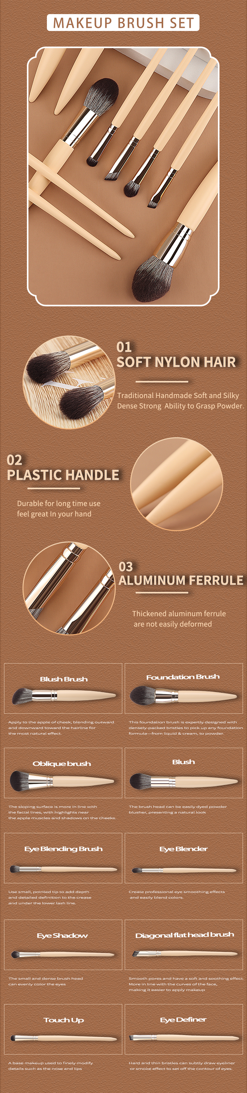 China Brush Factory OEM 10pcs Synthetic Makeup Brush Set ,Premium Quality Wooden Handle Cosmetic Brush Tool
