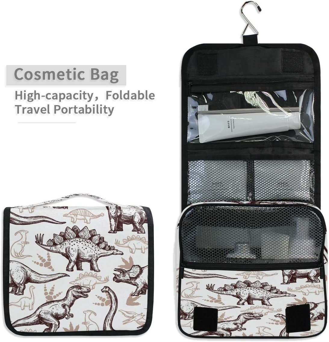 Shockproof and durable Dinosaur Travel Toiletry Bag for Boys Kids Vintage Dinosaur Pattern Cosmetic Organizer Bag