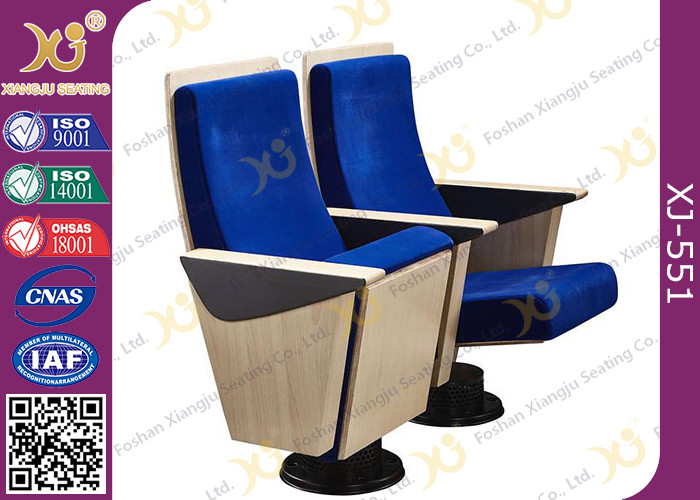 Maple Veneer Blue Upholstered Auditorium Chairs With Heater Air Output Under Seat Pad