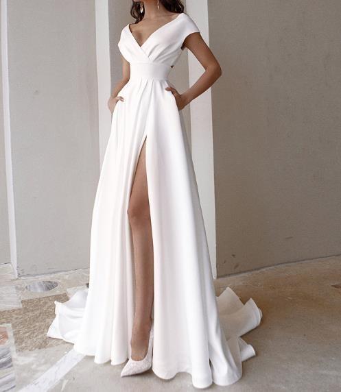 Buy cheap Custom Clothing Factory China Women'S Ruffled Hem Solid Color Maxi Evening Gown Dress With Slit from wholesalers