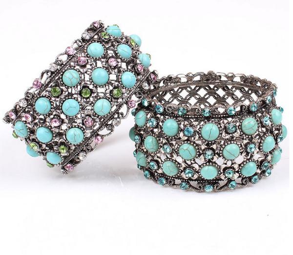 Buy cheap SZ6011 classic retro alloy jewelry hollow diamond inlaid turquoise spring clasp bracelet from wholesalers