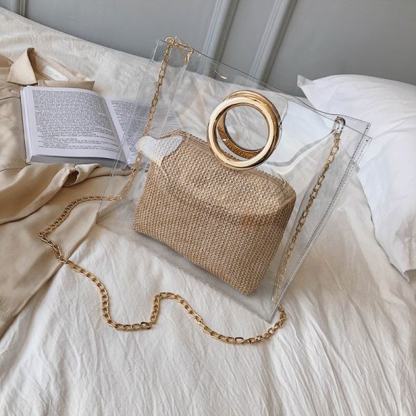 Stylish fancy 2 set pvc lady hand shoulder bag 2019 new portable tote square fashion women ladies handbags