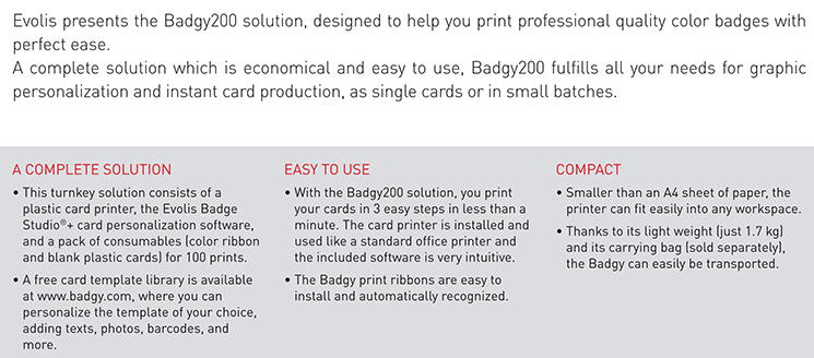 High Evolis Badgy200 Smart ID Card Printer for Others 325 cards/hour Black Print Speed
