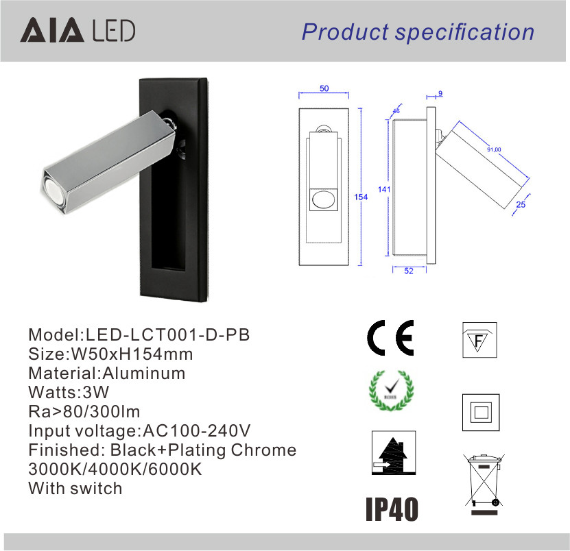 Rotating Recessed mounted bed sides light 3W led bed lighting reading light bed head wall lamp