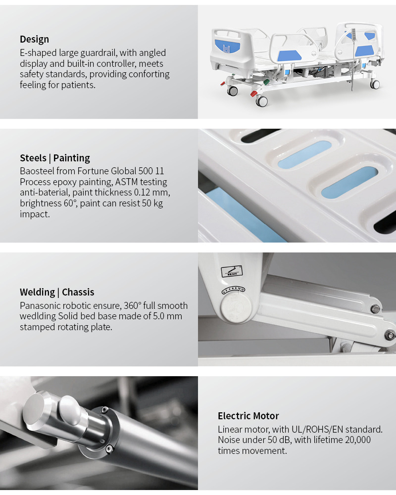 Portable Casters 5 Function Folding Metal Medical Furniture Adjustable Electric Nursing Patient Hospital Bed