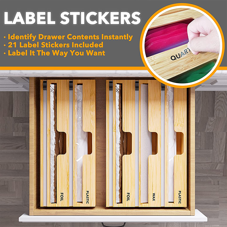 Stylish Bamboo Drawer Zip Lock Kitchen Foil Plastic Wrap Dispenser with Slide Cutter