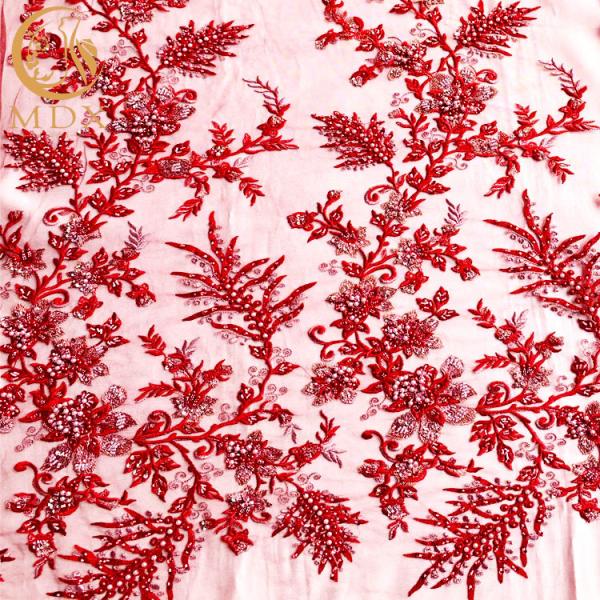 Buy cheap Sustainable Handmade Lace Fabric Beaded Red Lace Material 15 Yards Length from wholesalers