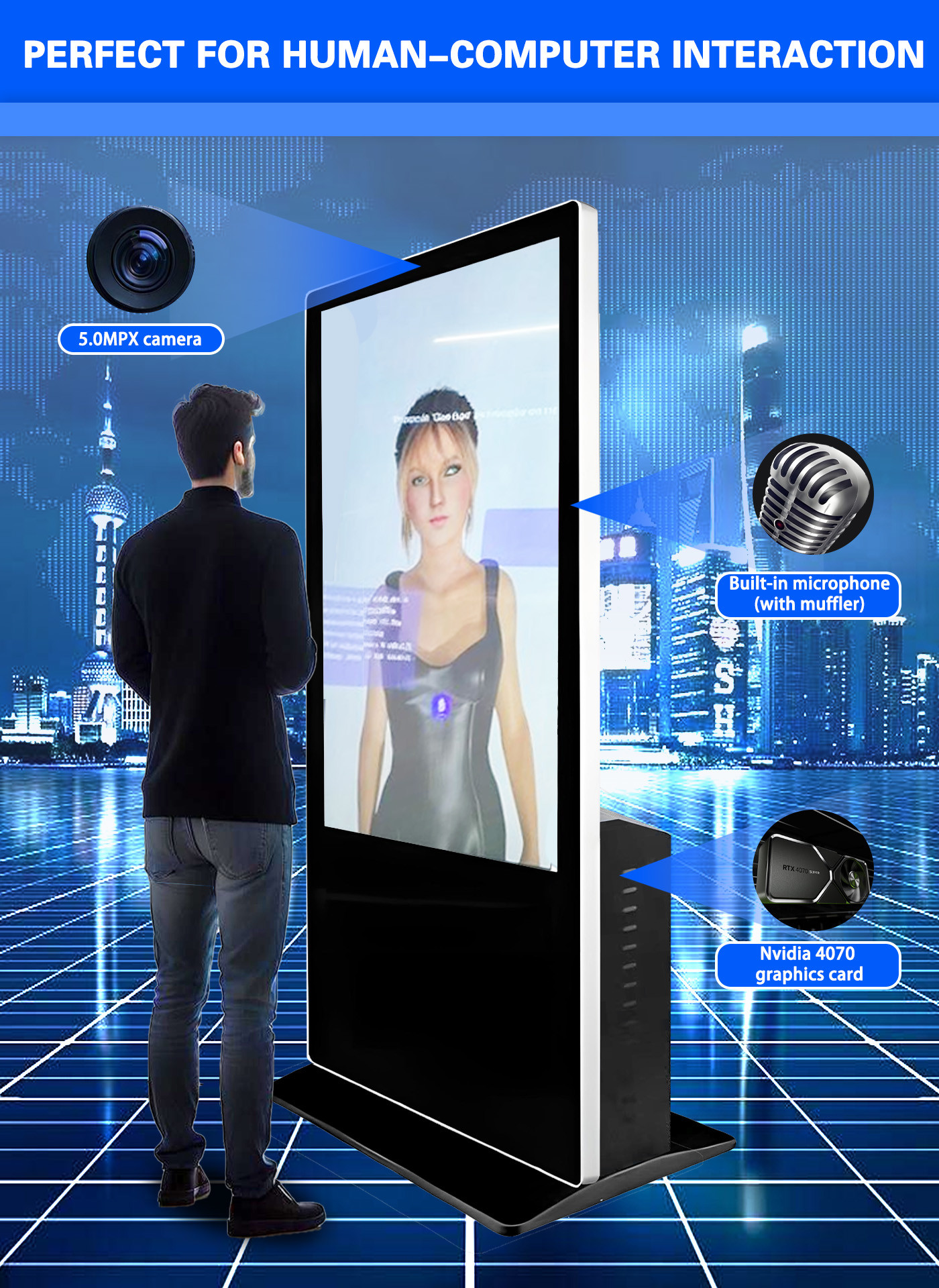 55" Vertical 4K Touch Screen Digital Kiosk Interactive AI Face Recognition With Camera Microphone Nvidia Avatar