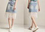 ODM OEM High Waisted Denim Skirt Tulle Mesh PatchedHem Light Indigo Jeans Wrap