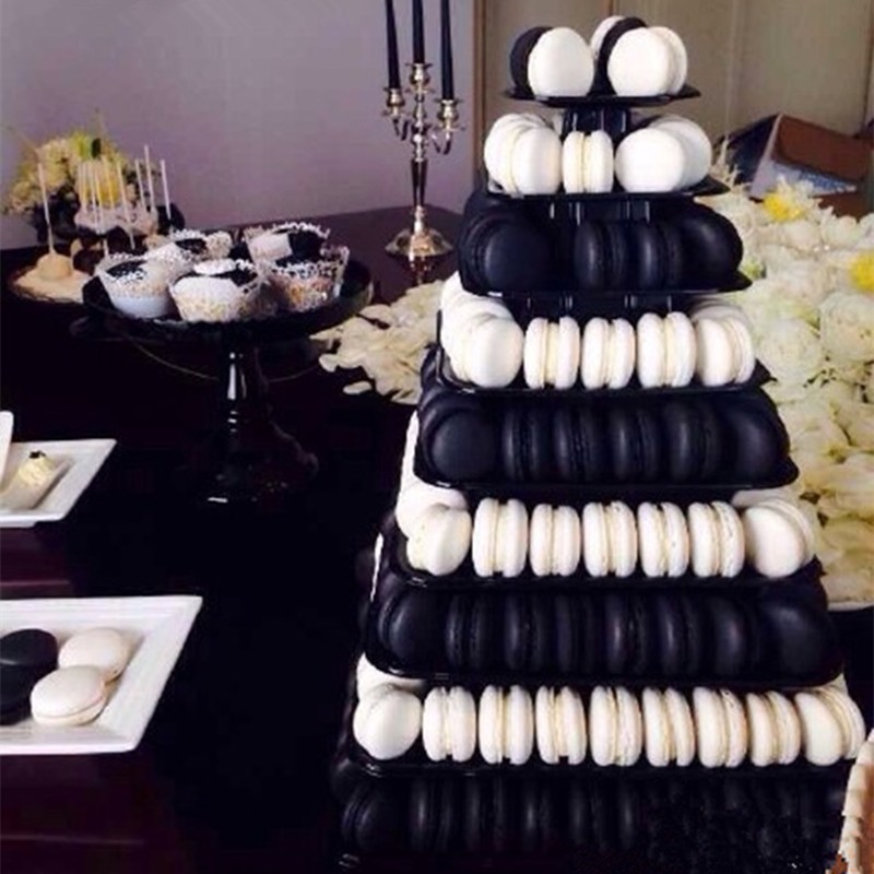 New style Black 9 tiers plastic macaron Square piramide macarons tower patented customizable Macaron packaging with low price