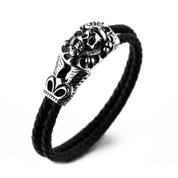 Buy cheap Man's leather bracelet man's stainless steel skull magnetic clasp bracelet from wholesalers