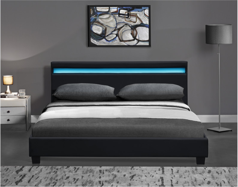 Wooden Double LED Upholstered Bed Black White With Headboard Led Lights