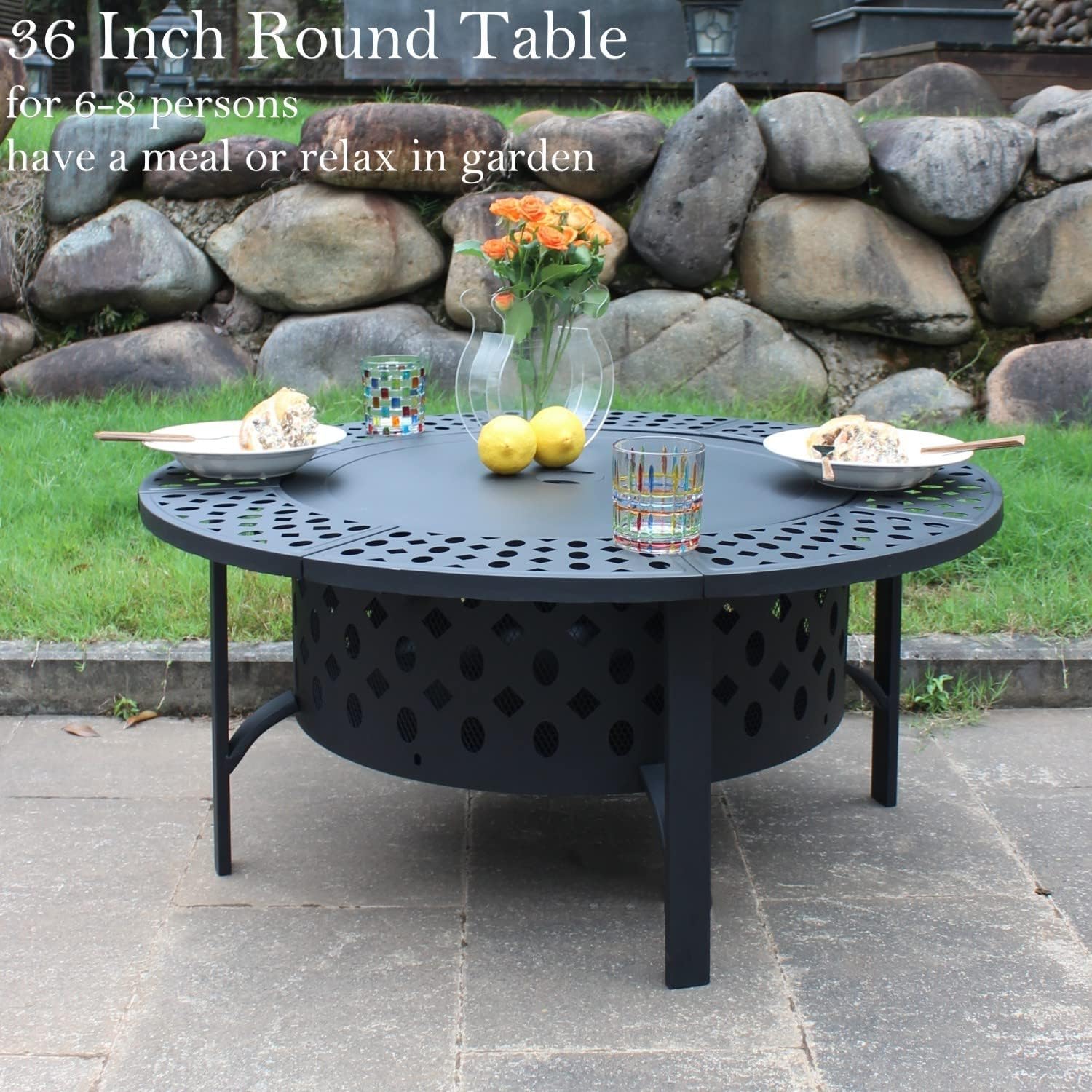 Modern Outdoor Firepit AJUNION 36 Inch Metal Round Wood Burning Fire Pit with 2 Grills