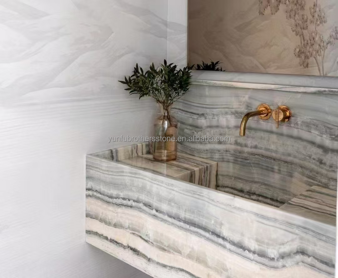 Hotel Bathroom Wall Panel and Vanity Basin with Sink Made of Natural Stone Onyx Marble