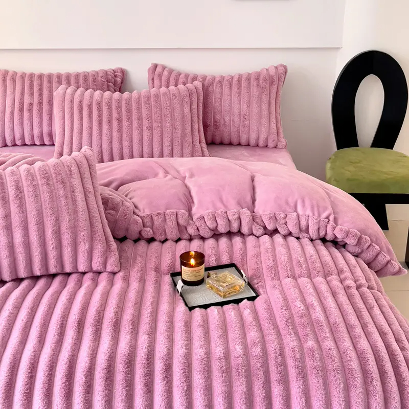 Wedding Four-piece Kit Design Rabbit Faux Fur Fluffy Plush Four-piece Bedding Set
