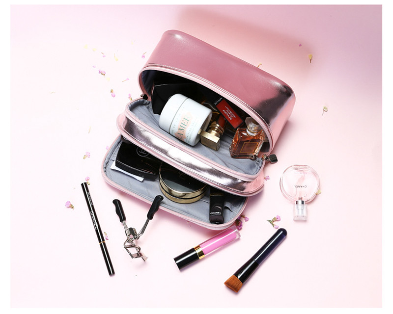 Multifunctional Shiny Rose Gold PU Double Layer Cosmetic Bag