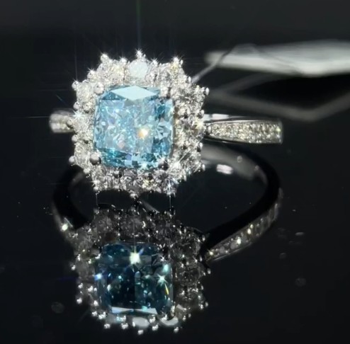 Blue Lab Grown Diamond Rings 1.29ct Cushion Cut Synthetic Diamond Gift Ring For Women
