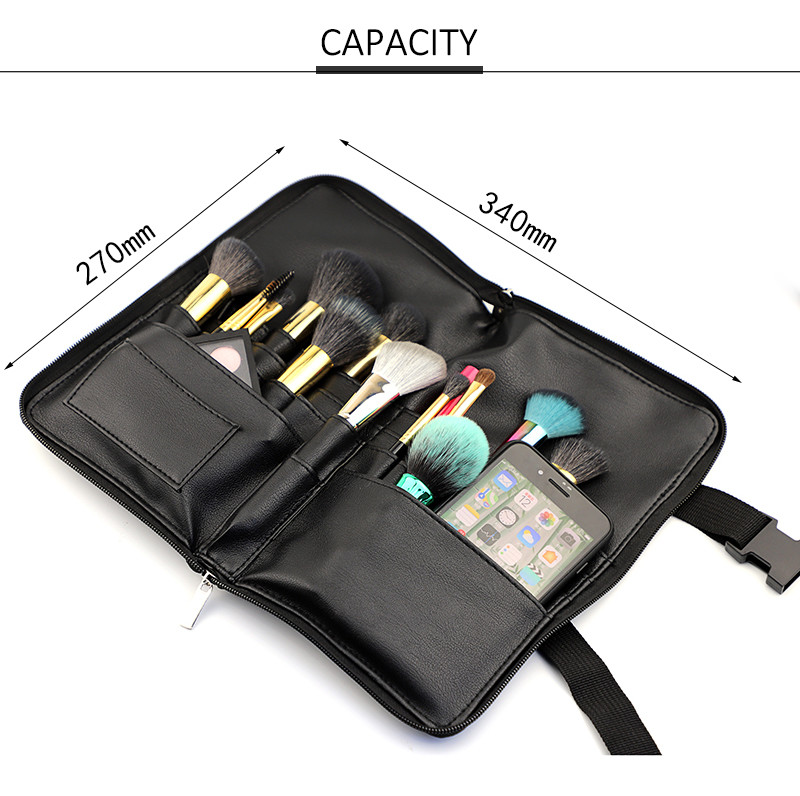 Zipper Closure PU Leather Makeup Brush Bag With Strap