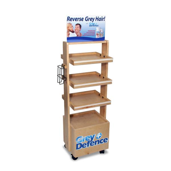 Buy cheap Natural Pinewood Cosmetic Display Stand Custom Wood Display Cases With Wheels from wholesalers