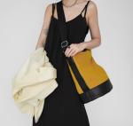 Stitching Linen Shoulder Bag 29cm 34cm Yellow Leather Bucket Bag