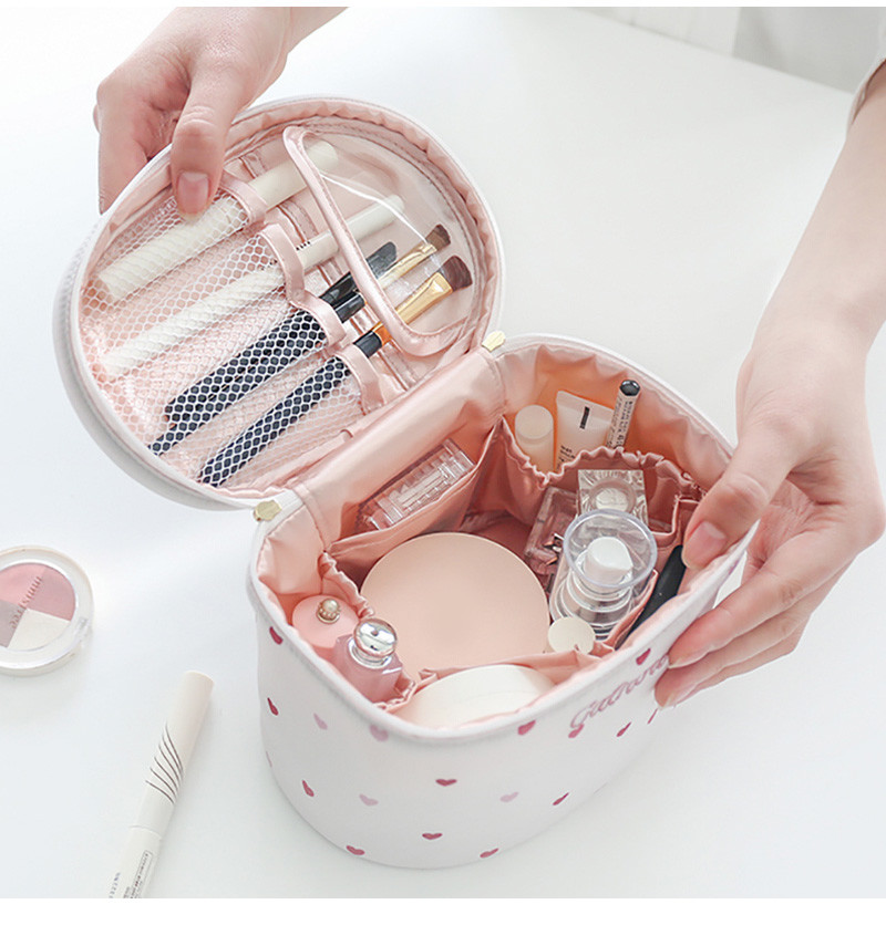 Beautiful Printed Pink Heart Satin Fabric Makeup Brush Bag With Zipper