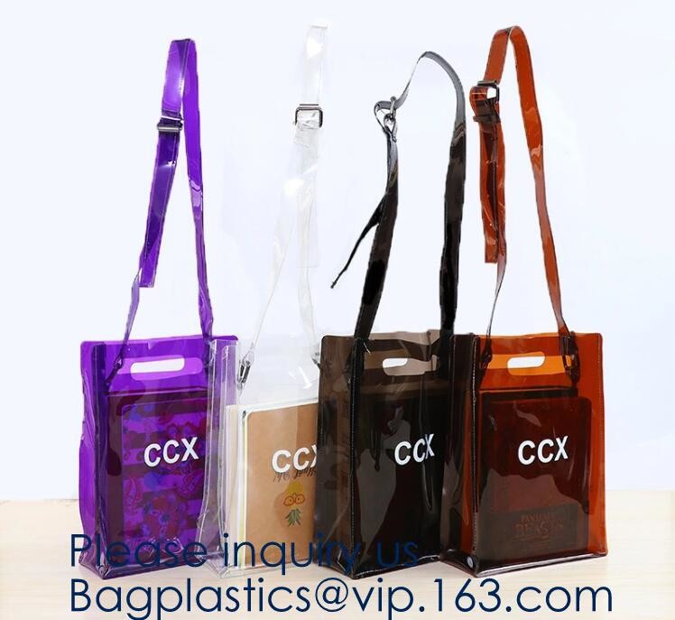 Reusable Custom Transparent PVC Shopping Bag Promotional Items Ladies Clear Plastic Beach Tote Bags Women, bagease, pack