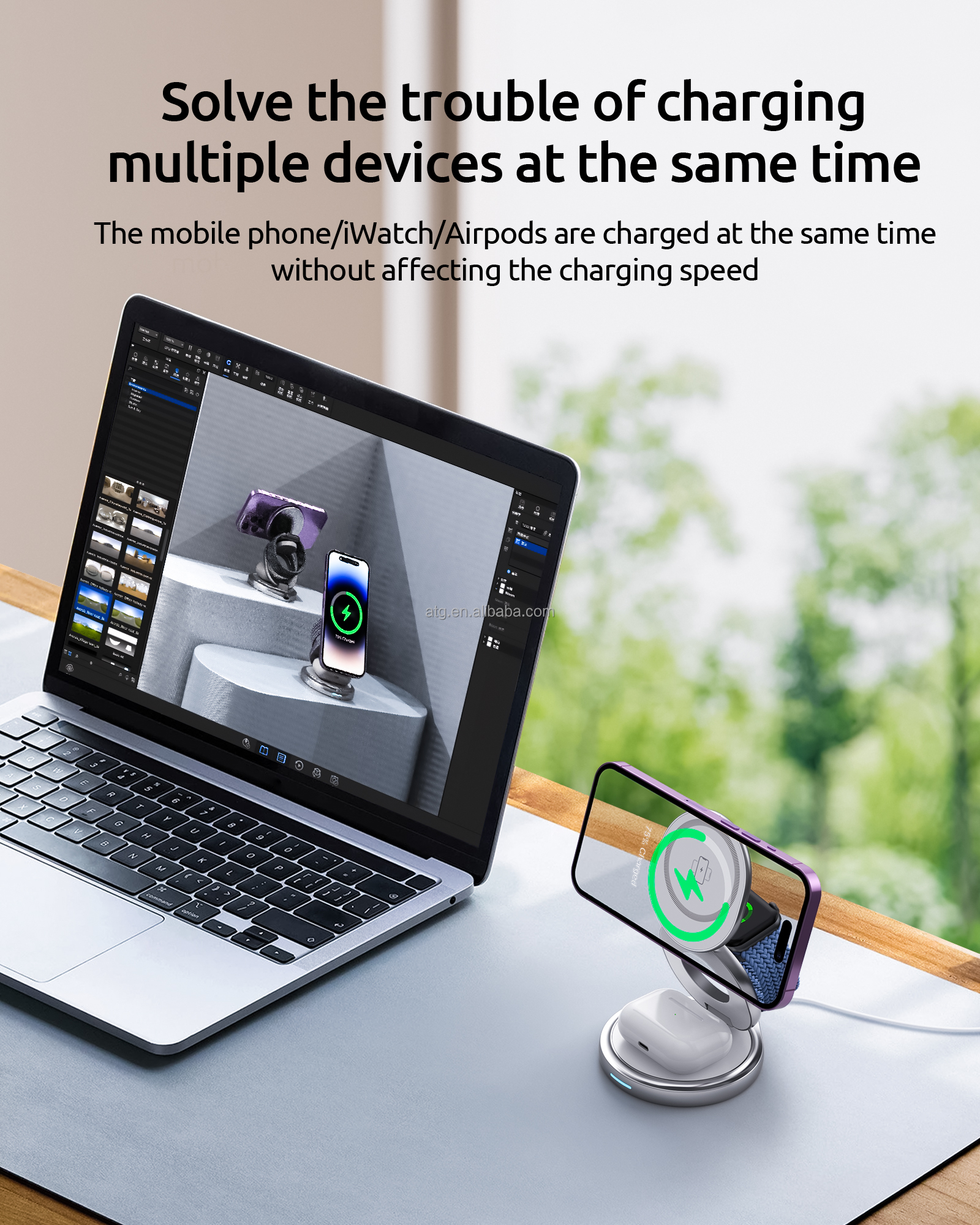 Zinc Alloy 3 in 1 Wireless Charging Station Fast Charging 360 Rotating Folding