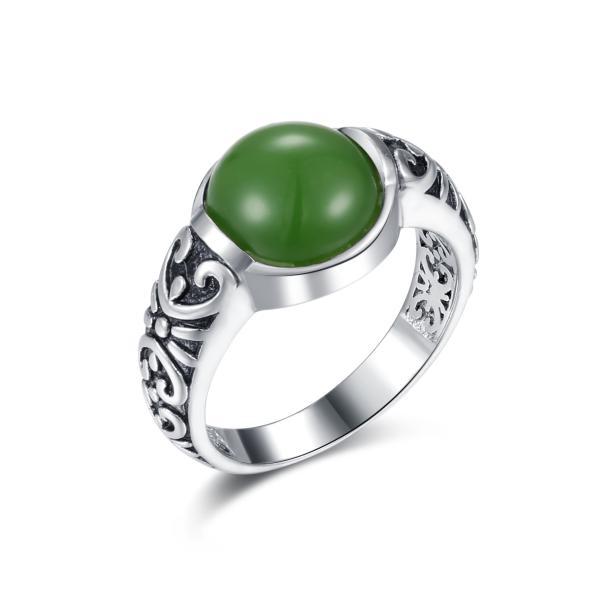 Buy cheap Carved 925 Silver Gemstone Rings 10x10mm Round Shaped Dark Green Jade Ring from wholesalers