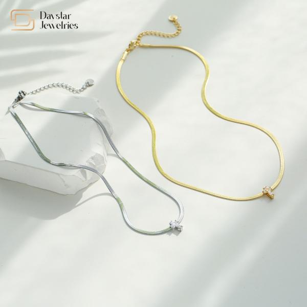 Buy cheap 14k Stainless Steel Flat Snake Chain Necklace Cross Diamond Zircon Pendant from wholesalers
