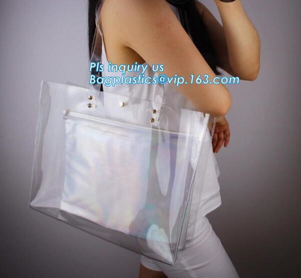 patch handle pe die cut large clear plastic bags with your own logo, pvc tote bag with leather handles tote bag PVC hand