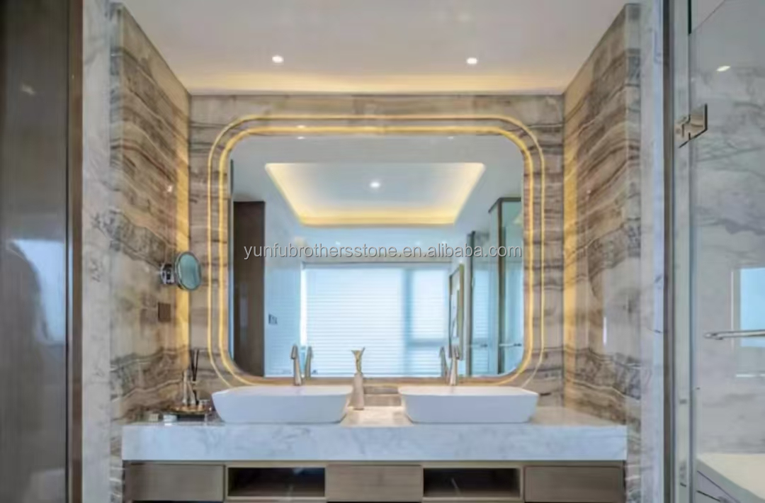 Hotel Bathroom Wall Panel and Vanity Basin with Sink Made of Natural Stone Onyx Marble