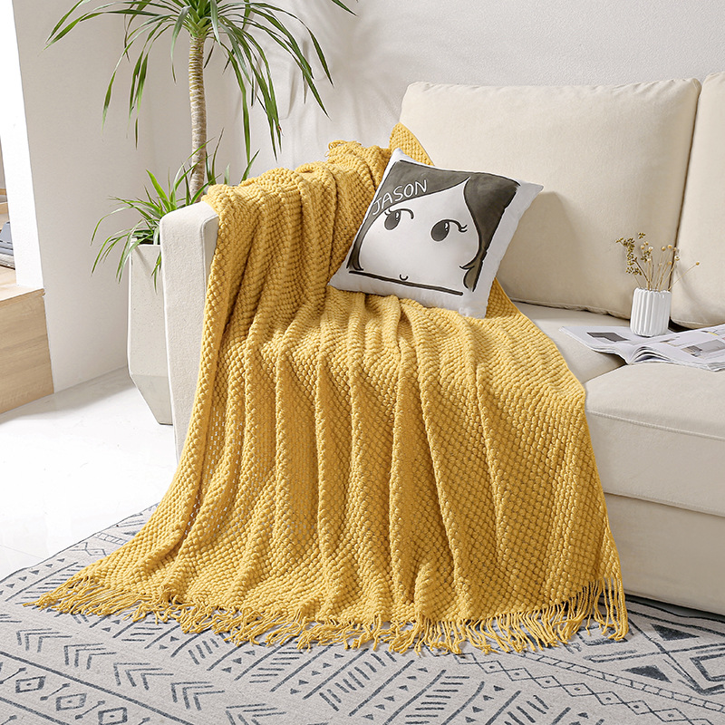 Knitted Wool Throw Blanket with Acrylic Tassel Simple Style Custom Solid Sofa Blanket