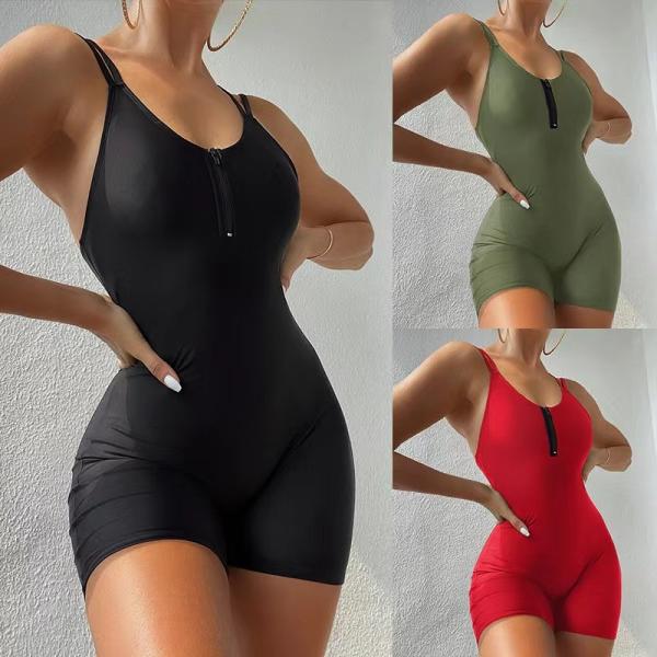 1 Piece Sexy Black Swim Suit Zipper Sports U Neck One Piece Swim Suit Hot Spring