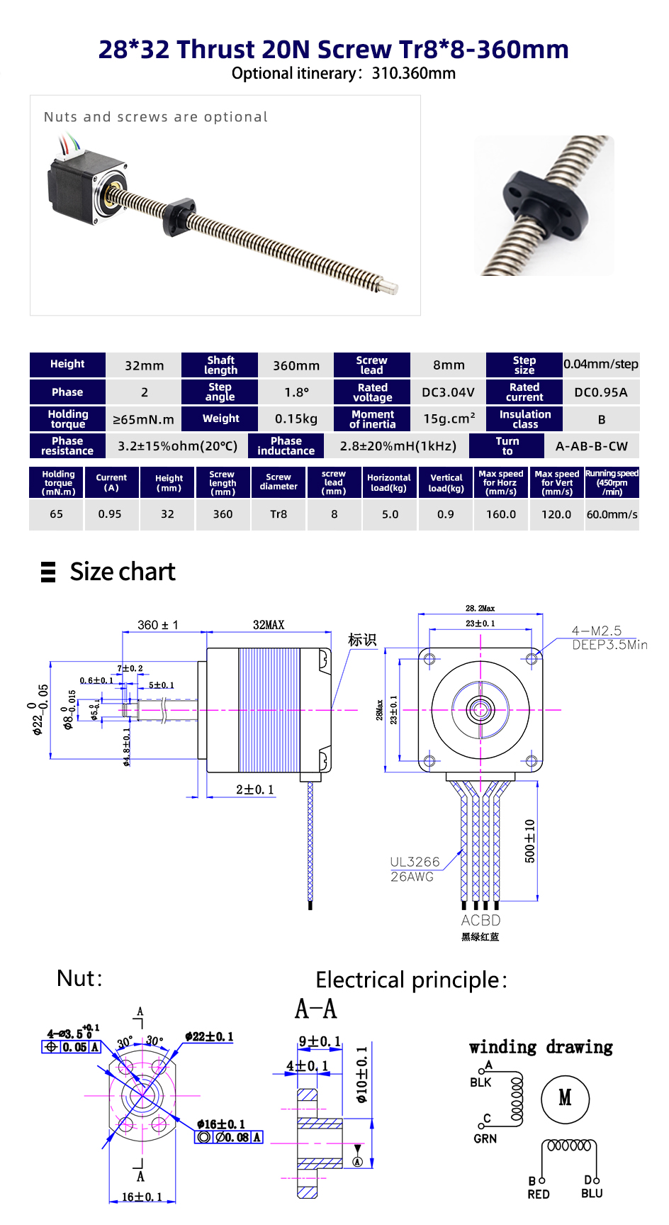 80 Degree Temperature Rise Nema 11 Linear Stepper Motor with Trapezoidal Thread Screw