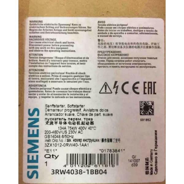 Buy cheap SIEMENS 3RW4038-1BB04 SIRIUS SOFT STARTER S2 72 A, 37 KW/400 V, 40 °C 200-480 V AC, 24 V AC/DC SCREW TERMINALS from wholesalers