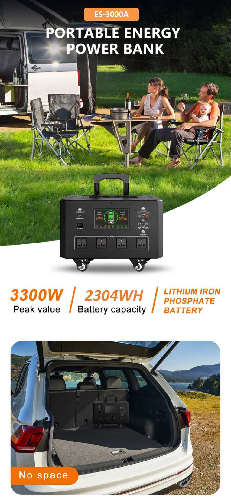 High Capacity 2304Wh 3500W Portable EV Fast Charger Station for Electric Car