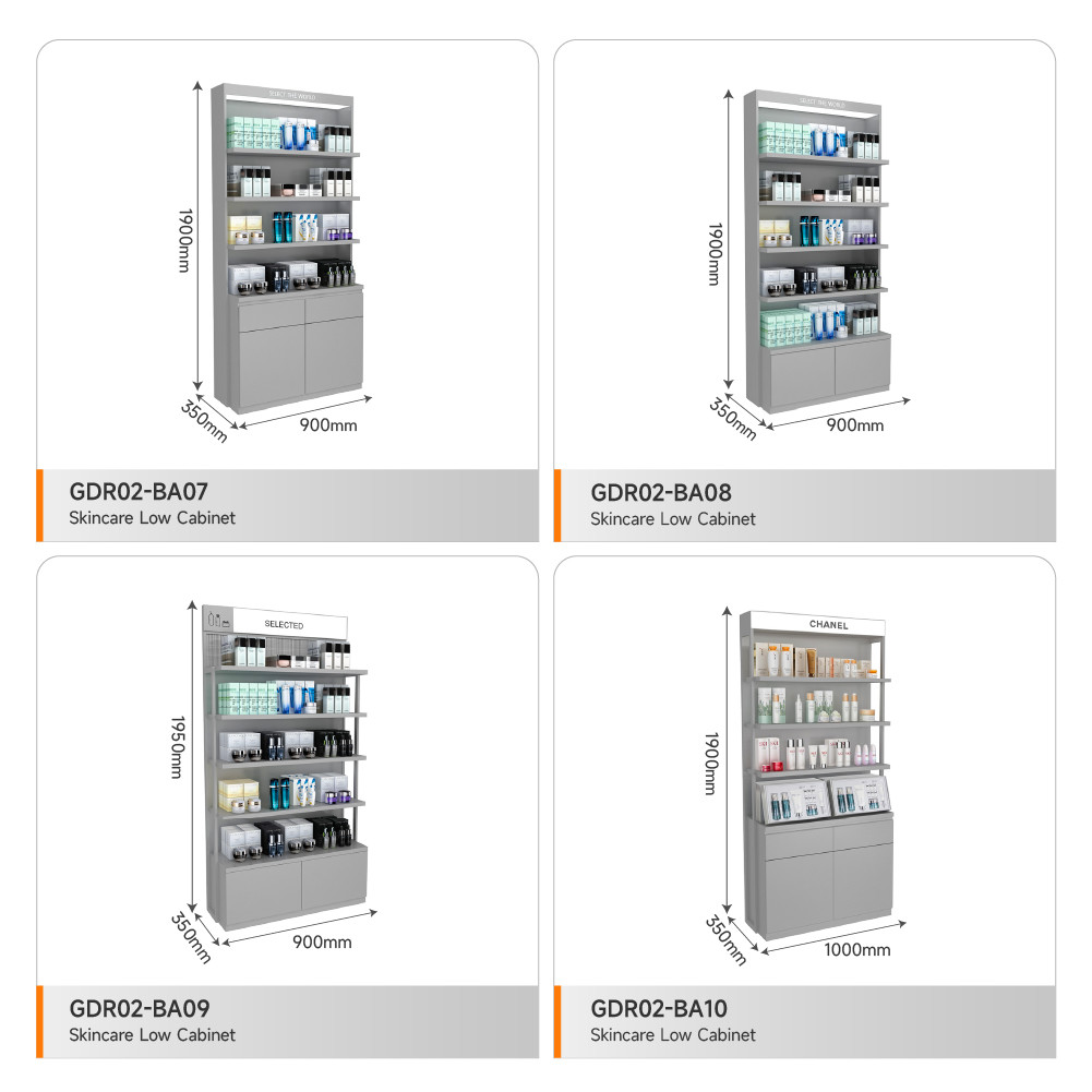 Beauty Display Showcase Grey Oil Board Pendant With Light Box On The Back Cabinet For Compact Shop Cabinet And Branded Display Stand