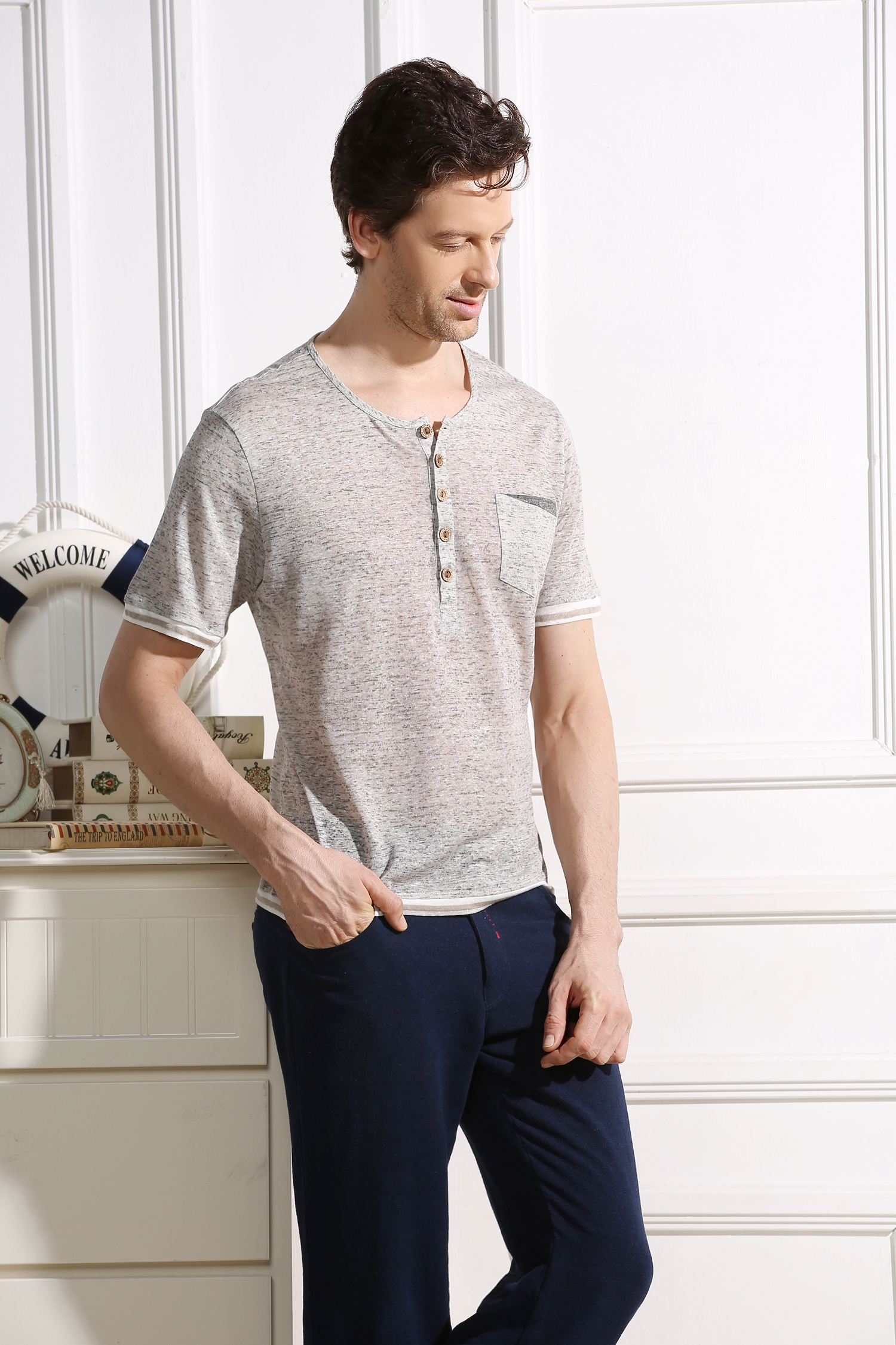 Modern Design Hemp Cotton Clothing Short Sleeve V Neck Shirt 180 Grams Fabric